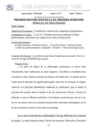 Première page de Philosophie 2nde D — 1er devoir surveillé, 1er semestre (2019-2020) · CEG ADJOVICODJI 'LES OLIVIERS'