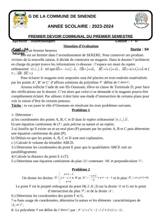 Première page de Mathématiques Tle D — 1er devoir surveillé, 1er semestre (2023-2024) · CEG SEKERE