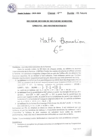 Première page de Mathématiques 6e — 2e devoir surveillé, 2e semestre (2019-2020) · CEG ADJOVICODJI 'LES OLIVIERS'