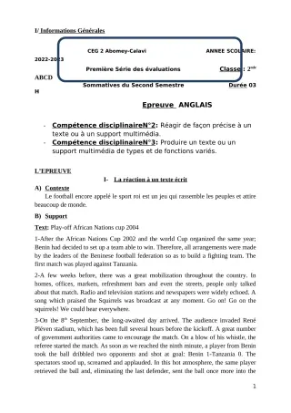 Première page de Anglais 2nde A & B — 1re évaluation sommative, 2e semestre (2022-2023) · CEG2 ABOMEY - CALAVI (CEG ZOCA)