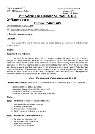 Première page de Anglais 6e, 5e — 1er devoir surveillé (2019-2020) · CEG Akassato