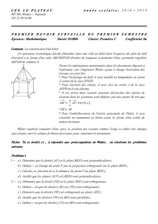 Première page de Mathématiques 1ère C — 1er devoir surveillé, 1er semestre (2018-2019) · CEG Le Plateau
