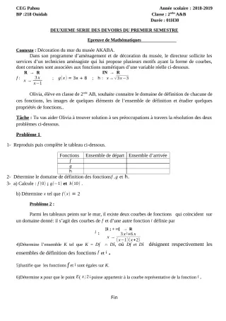 Première page de Mathématiques 2nde A & B — 2e devoir surveillé, 1er semestre (2018-2019) · CEG PAHOU
