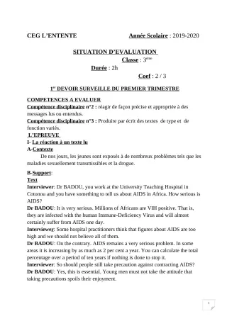 Première page de Anglais 3e, 3e ML — 1er devoir surveillé, 1er trimestre (2019-2020) · CEG L'Entente