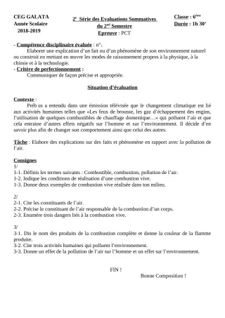 Première page de PCT 6e, 5e, 4e, 3e — 2e évaluation sommative, 2e semestre (2018-2019) · CEG Galata