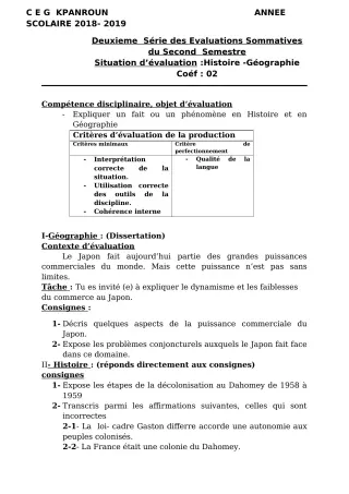 Première page de Histoire-Géographie Tle D — 2e évaluation sommative, 2e semestre (2018-2019) · CEG Kpanroun
