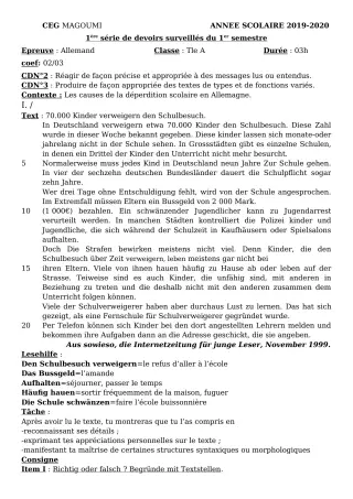 Première page de Allemand Tle A2 — 1er devoir surveillé, 1er semestre (2019-2020) · CEG MAGOUMI