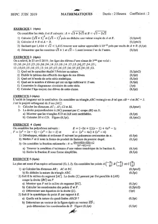 Première page de Prepa sujet BEPC 2024 mathématiques