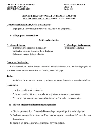 Première page de Histoire-Géographie 4e ML&MC — 2e devoir surveillé, 1er semestre (2019-2020) · CEG L'Entente