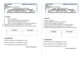 Première page de Histoire-Géographie 6e, 5e — 1er devoir surveillé, 1er semestre (2022-2023) · CEG ZONGO