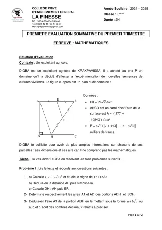 Première page de Mathématiques 3e — 1re évaluation sommative, 1er trimestre (2024-2025) · CPEG La Finesse