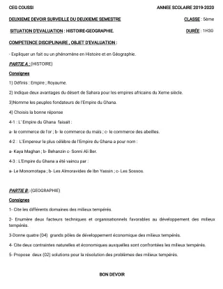 Première page de Histoire-Géographie 5e — 2e devoir surveillé, 2e semestre (2019-2020) · CEG COUSSI