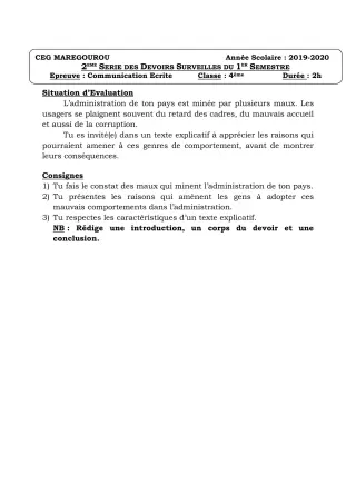 Première page de Français 4e ML&MC — Devoir surveillé, 1er semestre (2019-2020) · CEG MAREGOUROU