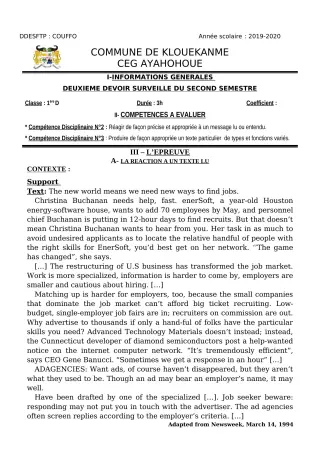 Première page de Anglais 2nde A, 2nde A1, 2nde A2, 2nde D, 1ère A, 1ère A1, 1ère A2, 1ère D, Tle A & B, Tle A1, Tle A2, Tle D — 2e devoir surveillé, 2e semestre (2019-2020) · CEG AYAHOHOUE