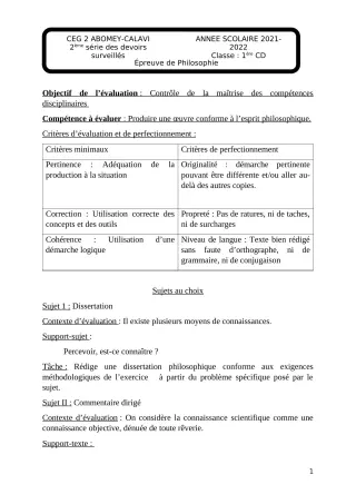 Première page de Philosophie 1ère C — 2e devoir surveillé, 2e semestre (2021-2022) · CEG2 ABOMEY - CALAVI (CEG ZOCA)