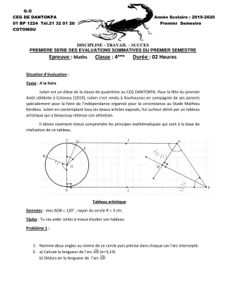 Première page de Mathématiques 4e ML&MC — 1re évaluation sommative, 1er semestre (2019-2020) · CEG Dantokpa