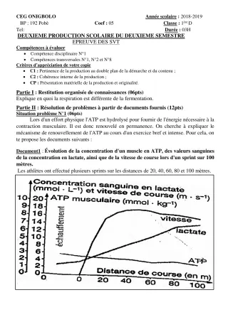 Première page de SVT 1ère D — 2e production scolaire, 2e semestre (2018-2019) · CEG ONIGBOLO