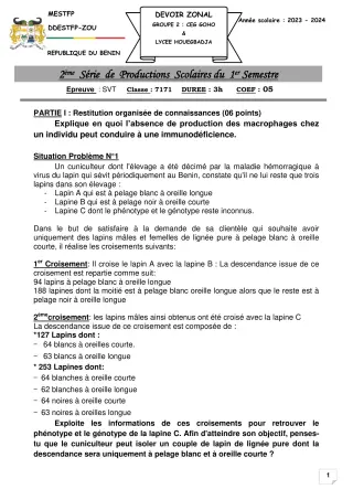 Première page de SVT Tle D — 2e production scolaire, 1er semestre (2023-2024) · CEG GOHO