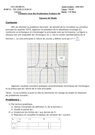 Première page de Mathématiques Tle A1, Tle A2, Tle B — 1re production scolaire, 1er semestre (2020-2021) · CEG SEGBEYA