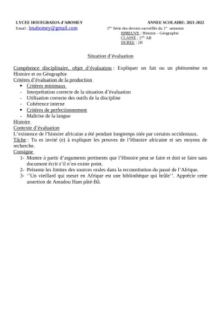 Première page de Français 2nde A & B, 2nde A1, 2nde A2, 2nde B, 2nde D, 1ère A & B, 1ère A1, 1ère A2, 1ère B, 1ère D, Tle A1, Tle A2, Tle B, Tle D — 1er devoir surveillé, 1er semestre (2021-2022) · Lycée Houegbadja d'
