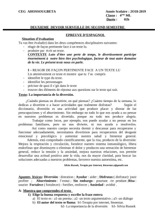 Première page de Espagnol 4e ML, 3e ML, 2nde A & B — 2e devoir surveillé, 2e semestre (2018-2019) · CEG Ahossougbéta