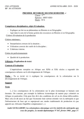 Première page de Histoire-Géographie 3e, 3e ML — 1er devoir surveillé, 2e semestre (2019-2020) · CEG Attogon