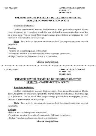 Première page de Français 5e — 1er devoir surveillé, 2e semestre (2019-2020) · CEG ADJAGBO