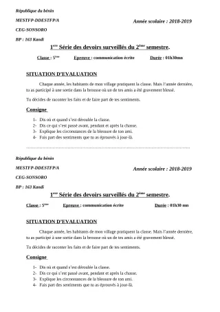 Première page de Français 5e — 1er devoir surveillé, 2e semestre (2018-2019) · CEG SONSORO