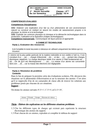 Première page de PCT 4e — 1er devoir surveillé, 1er semestre (2022-2023) · CEG2 ABOMEY - CALAVI (CEG ZOCA)