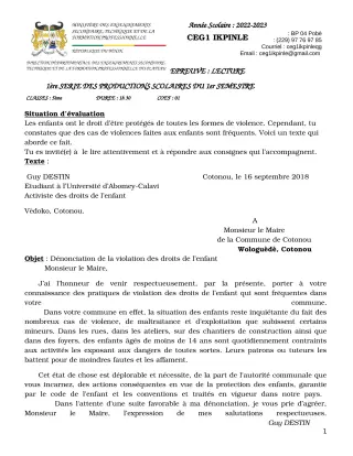Première page de Français 5e — 1re production scolaire, 1er semestre (2022-2023) · CEG1 Ikpinlè