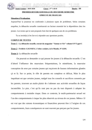 Première page de Français 2nde B, 2nde D — 1er devoir surveillé, 2e semestre (2019-2020) · CEG ADJOVICODJI 'LES OLIVIERS'