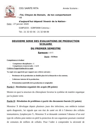 Première page de SVT 2nde A2, 2nde B — Production scolaire, 1er semestre (2019-2020) · CEG Sainte Rita