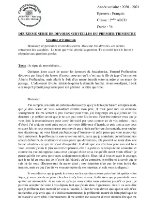 Première page de Français 2nde A2, 2nde D — 2e devoir surveillé, 1er trimestre (2020-2021) · CPEG PENIEL