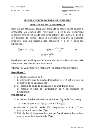 Première page de Mathématiques Tle A2, Tle B — 1er devoir surveillé, 1er semestre (2020-2021) · CEG FIYEGNON