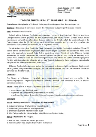 Première page de Allemand 1ère A, 1ère B — 1er devoir surveillé, 2e trimestre (2019-2020) · CPEG LE PHARAON