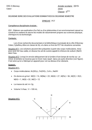 Première page de PCT 5e — 2e évaluation sommative, 2e semestre (2019-2020) · CEG3 ABOMEY CALAVI