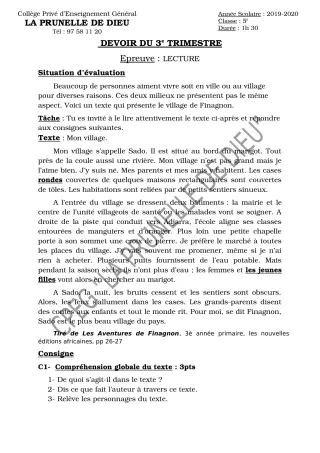 Première page de Français 5e — Devoir surveillé, 3e trimestre (2019-2020) · CEPG La Prunelle de Dieu