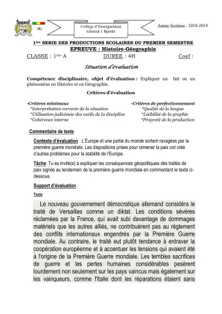 Première page de Histoire-Géographie 1ère A — 1re production scolaire, 1er semestre (2018-2019) · CEG1 Ikpinlè