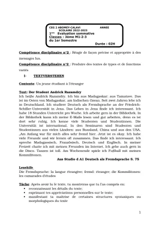 Première page de Allemand 3e — 1re évaluation sommative, 1er semestre (2022-2023) · CEG2 ABOMEY - CALAVI (CEG ZOCA)
