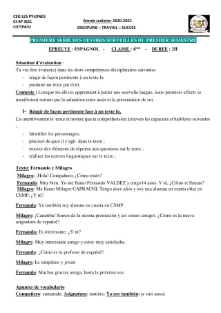 Première page de Espagnol 4e ML, 3e ML, 2nde A & B, 2nde A1, 2nde A2, 2nde B, 1ère A1, 1ère A2, 1ère B, Tle A1, Tle A2, Tle B — 1er devoir surveillé, 1er semestre (2020-2021) · CEG Les Pylônes