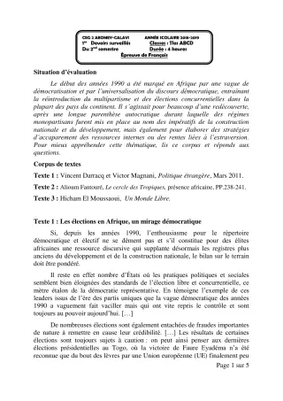 Première page de Français Tle A1, Tle A2, Tle B, Tle C, Tle D — 1er devoir surveillé, 2e semestre (2018-2019) · CEG2 ABOMEY - CALAVI (CEG ZOCA)