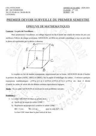 Première page de Mathématiques 2nde C, 2nde D — 1er devoir surveillé, 1er semestre (2020-2021) · CEG FIYEGNON