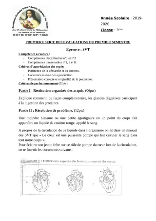 Première page de SVT 3e — 1re évaluation sommative, 1er semestre (2019-2020) · CPEG Ste Thérèse de Zinvié