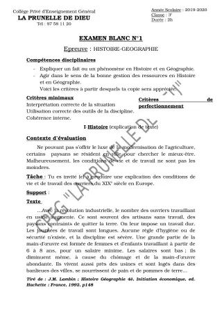 Première page de Examen Blanc de HIST-GEO — 3e, 3e ML — CEPG La Prunelle de Dieu (2019)