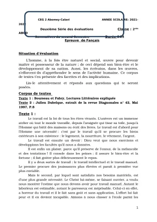 Première page de Français 2nde A — Devoir surveillé, 2e semestre (2021-2022) · CEG2 ABOMEY - CALAVI (CEG ZOCA)