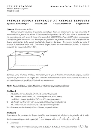 Première page de Mathématiques 1ère D — 1er devoir surveillé, 1er semestre (2018-2019) · CEG Le Plateau