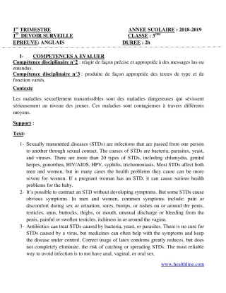 Première page de Anglais 3e, 3e ML — 1er devoir surveillé, 1er trimestre (2019-2020) · CPEG Fils-Le-Père