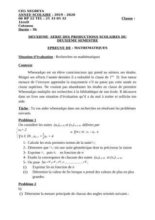 Première page de Mathématiques 1ère D — 2e production scolaire, 2e semestre (2019-2020) · CEG SEGBEYA