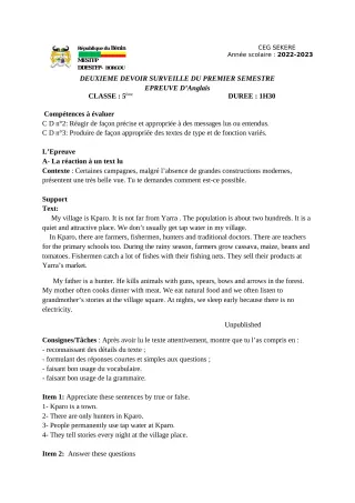 Première page de Anglais 5e — 2e devoir surveillé, 1er semestre (2022-2023) · CEG SEKERE
