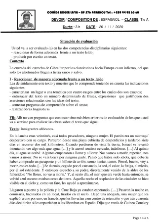 Première page de Espagnol Tle A1, Tle A2, Tle B — Composition (2020-2021) · CPEG Roger LAFIA
